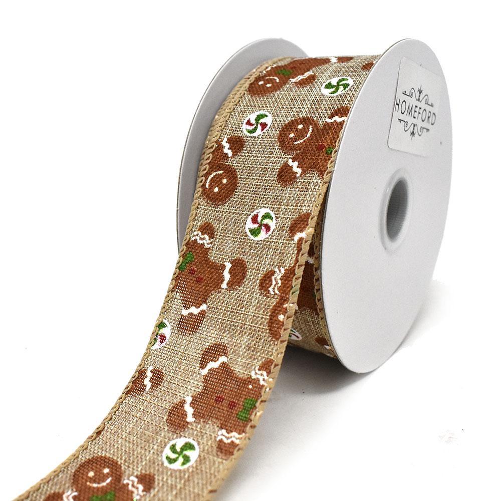 Natural Linen Gingerbread Men Wired Ribbon, 1-1/2-Inch, 10-Yard