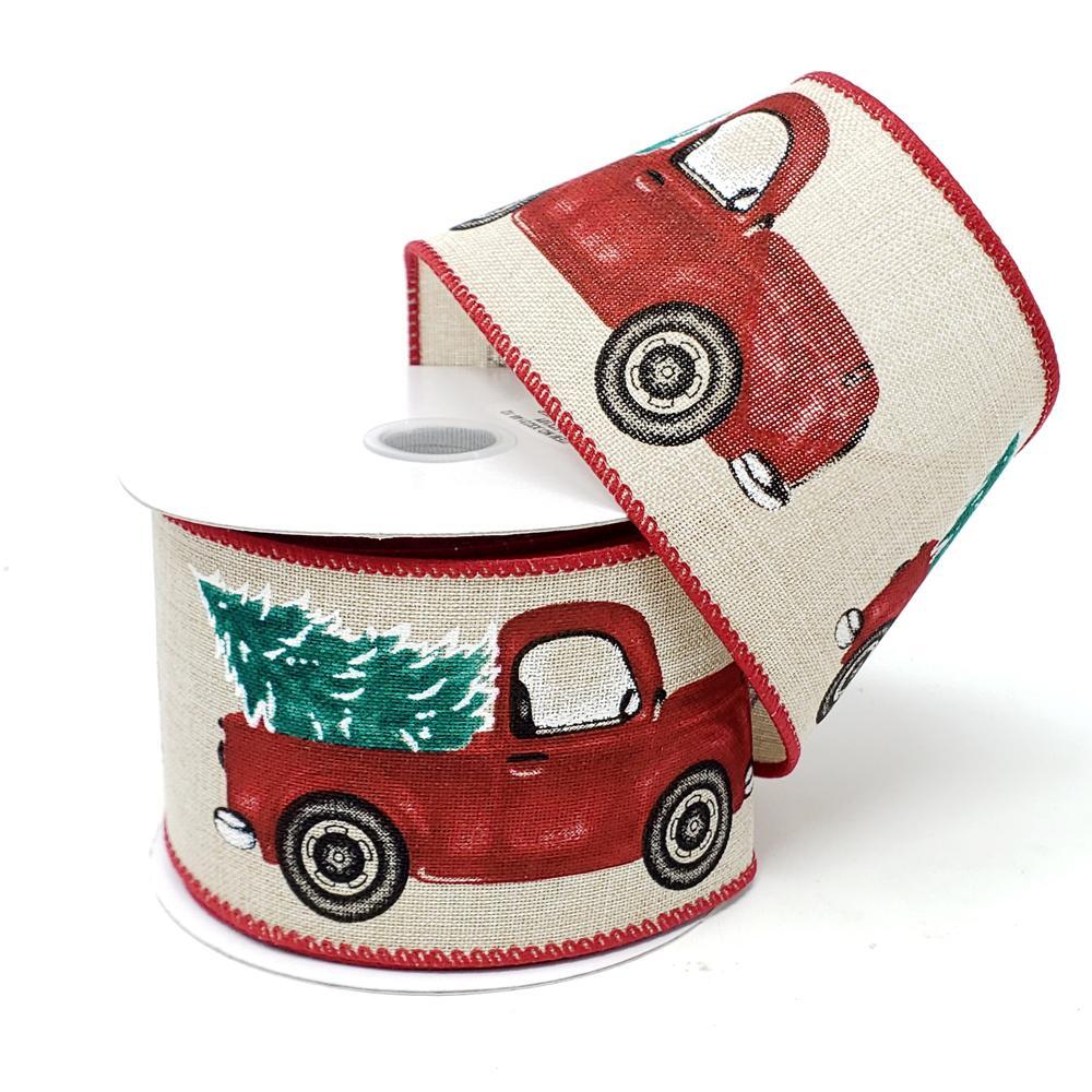 Christmas Red Truck with Tree Linen Ribbon, 2-1/2-Inch, 10-Yard, Natural