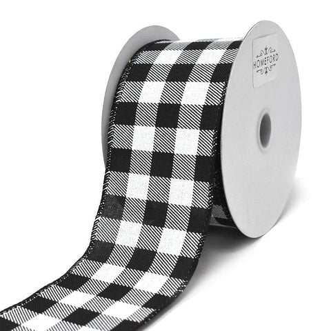 Black and White Printed Gingham Linen Wired Ribbon, 2-1/2-Inch, 10-Yard