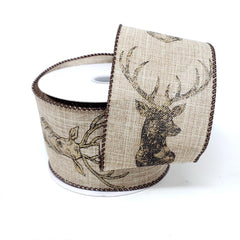 Christmas Deer Heads in Gold Linen Ribbon, 2-1/2-Inch, 10-Yard, Natural