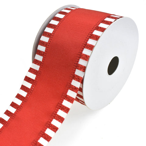 Striped Edge Red/White Wired Ribbon, 2-1/2-Inch, 10-Yard