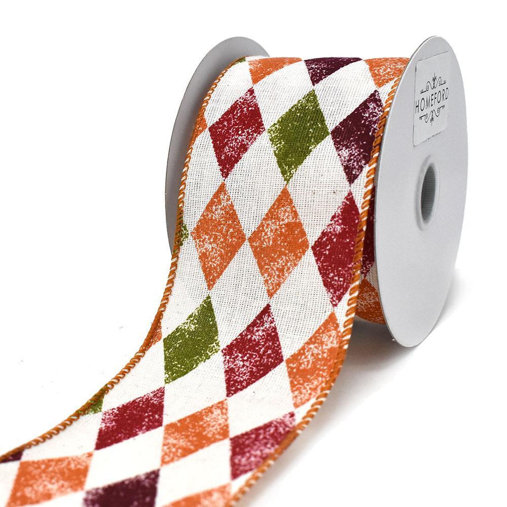 Ivory Linen Stamped Fall Harlequin Wired Ribbon, 2-1/2-Inch, 10-Yard