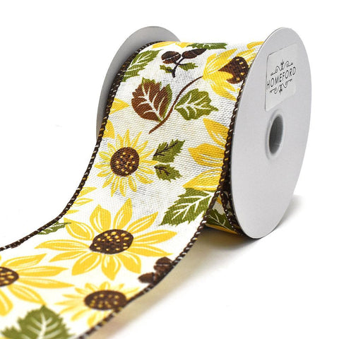 Ivory Linen Sunflowers with Acorns Wired Ribbon, 2-1/2-Inch, 10-Yard