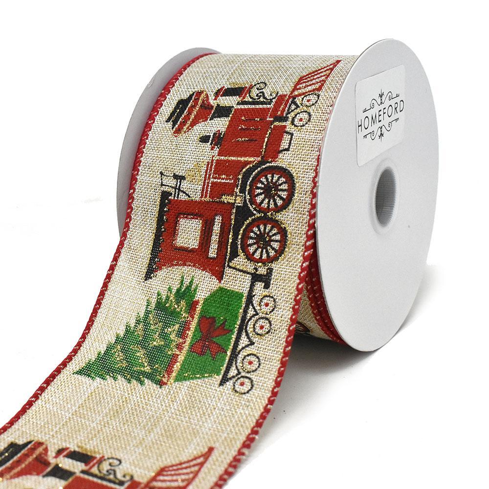 Natural Linen Christmas Trains Wired Ribbon, 2-1/2-Inch, 10-Yard