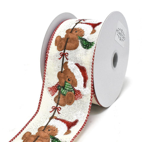 Ivory Linen Christmas Bears Climbing Rope Wired Ribbon, 2-1/2-Inch, 10-Yard