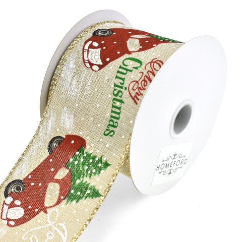 Natural Linen Christmas Truck Wired Ribbon, 2-1/2-Inch, 10-Yard