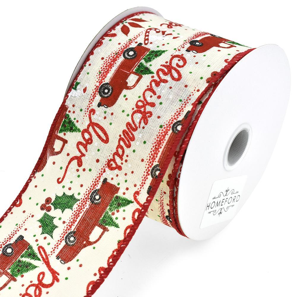 Ivory Linen Christmas Truck Script Wired Ribbon, 2-1/2-Inch, 10-Yard