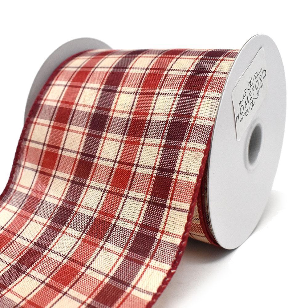 Red Square Plaid Wired Ribbon, 4-Inch, 10-Yard