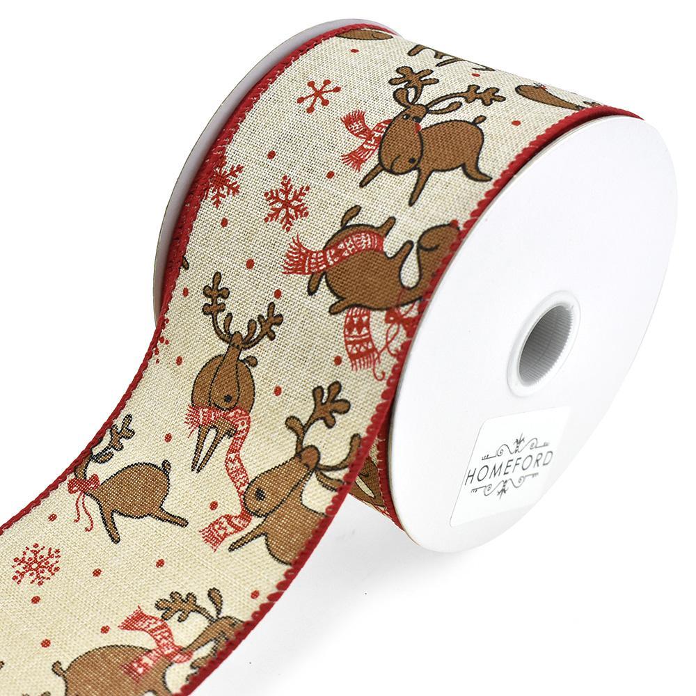 Natural Linen Reindeers With Scarves Wired Ribbon, 2-1/2-Inch, 10-Yard