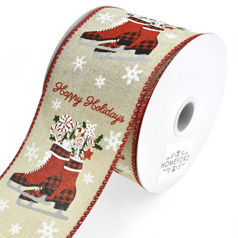 Plaid Ice Skates Wired Edge Linen Christmas Ribbon, Natural, 2-1/2-Inch, 10-Yard