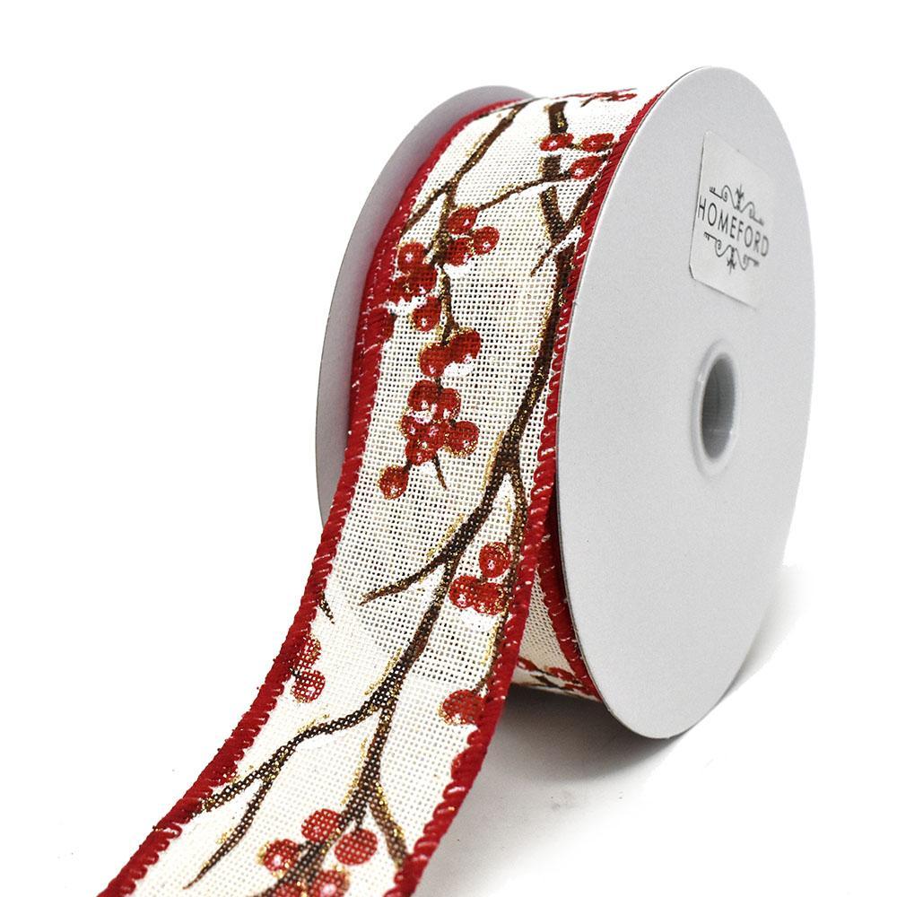Ivory Linen Berries and Snow Wired Ribbon, 1-1/2-Inch, 10-Yard