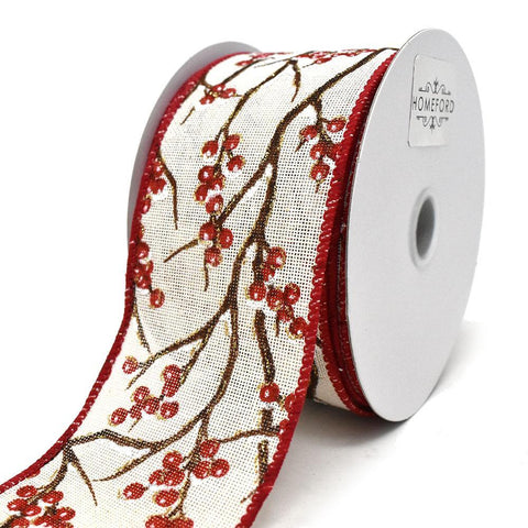 Ivory Linen Berries and Snow Wired Ribbon, 2-1/2-Inch, 10-Yard