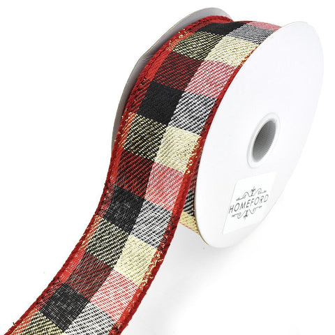 Flannel Plaid Wired Ribbon, Red/Black/Gold, 1-1/2-Inch, 10-Yard