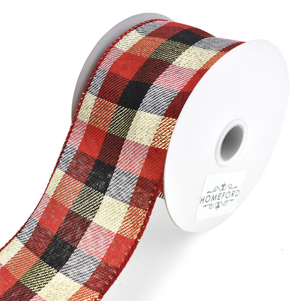 Flannel Plaid Wired Ribbon, Red/Black/Gold, 2-1/2-Inch, 10-Yard