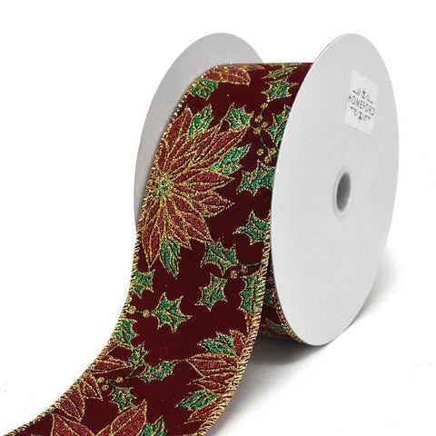 Christmas Glitter Poinsettia Wired Ribbon, 2-1/2-Inch, 10-Yard