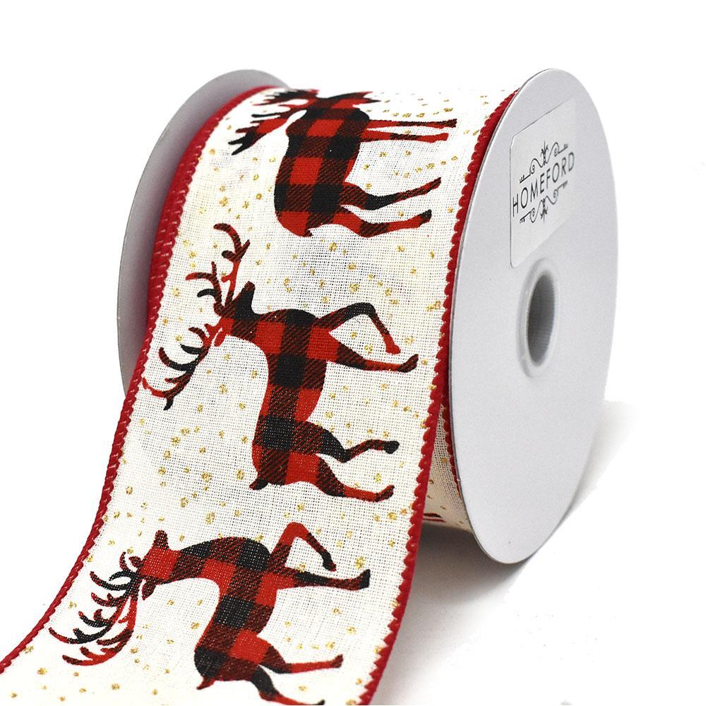 Plaid Moose and Reindeer Wired Ribbon, 2-1/2-Inch, 10-Yard