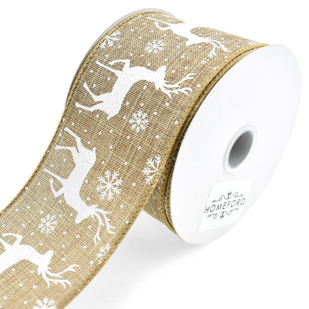 Natural Woven Reindeer and Snowflakes Wired Ribbon, 2-1/2-Inch, 10-Yard