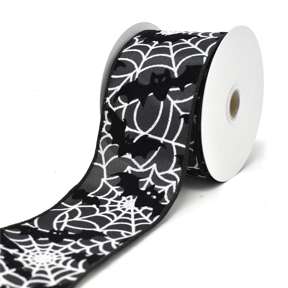 Halloween Flocked Webs with Bats Wired Satin Ribbon, Gray, 2-1/2-Inch, 10-Yard