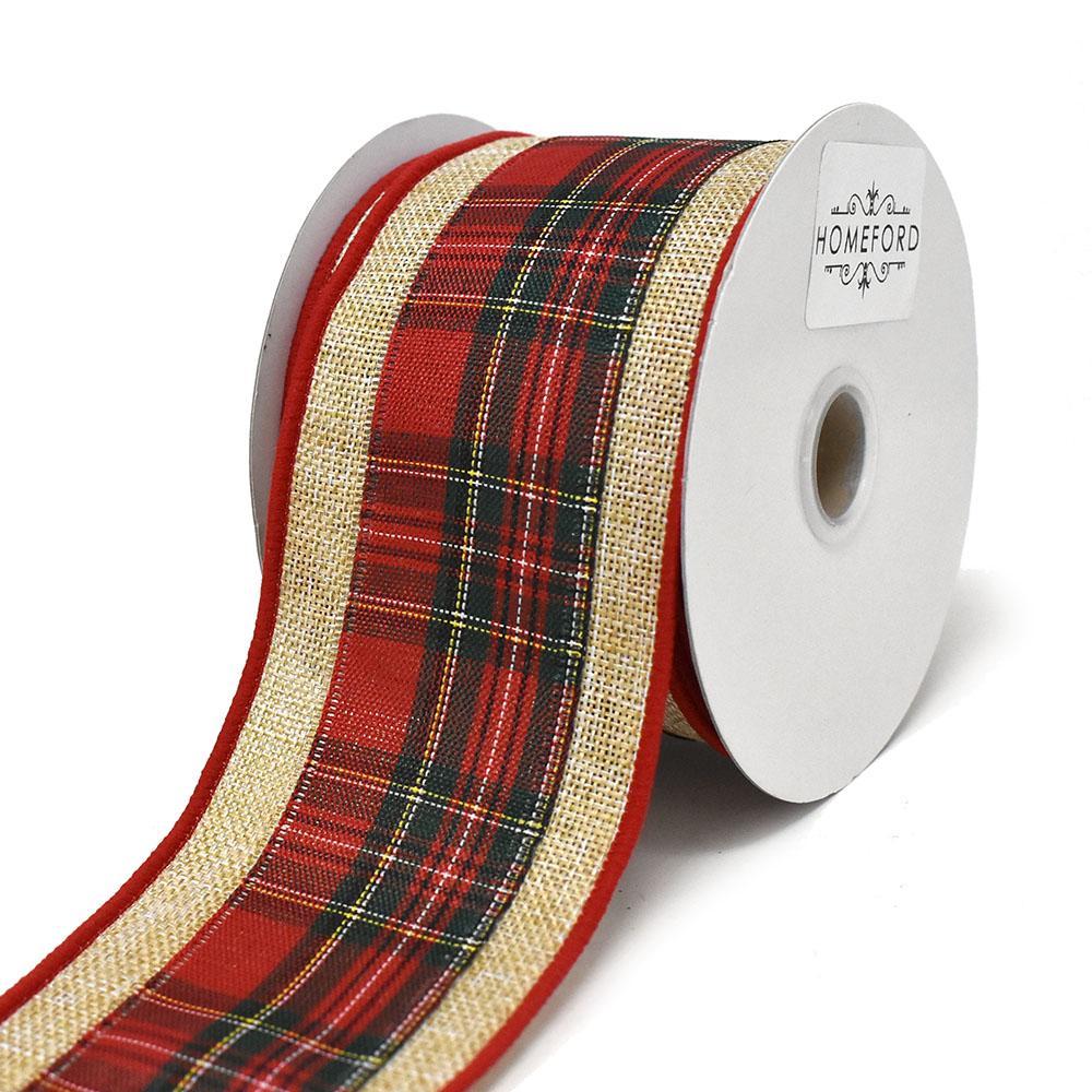Tartan Plaid on Natural Weave Background Wired Ribbon, 2-1/2-Inch, 10-Yard