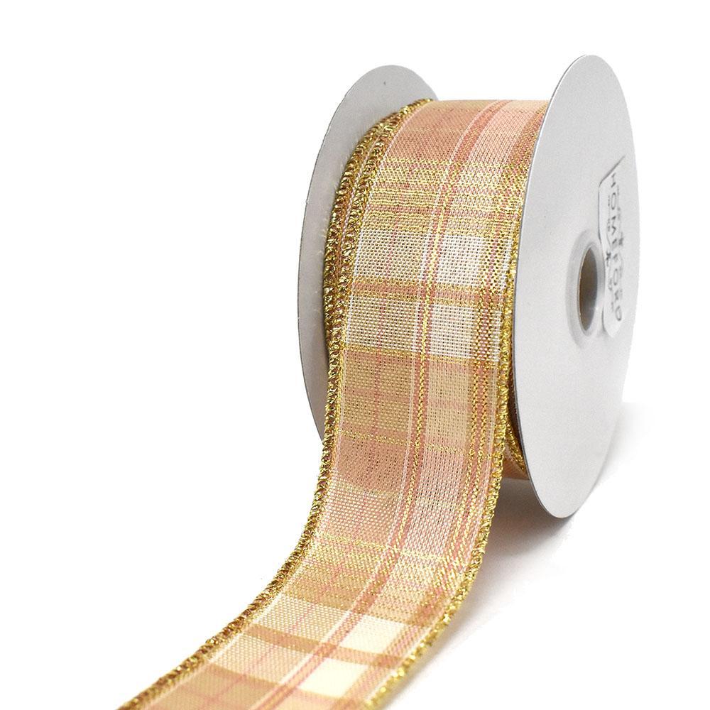 Plaid Pattern Wired Ribbon, Rose Gold, 1-1/2-Inch, 10-Yard