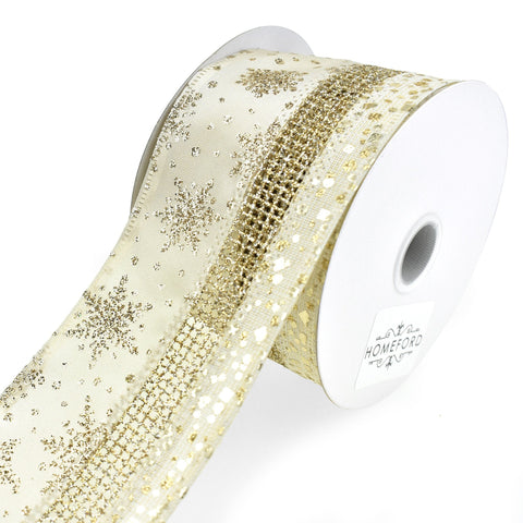 Satin Fused Snowflake Wired Edge Christmas Ribbon, Champagne, 2-1/2-Inch, 10-Yard