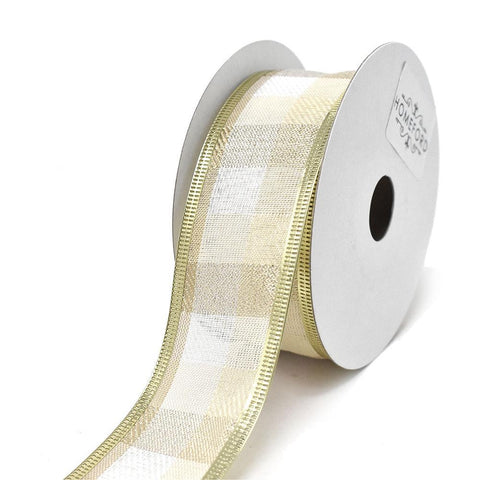 Metallic Shades of Beige Plaid Wired Ribbon, 1-1/2-Inch, 10-Yard