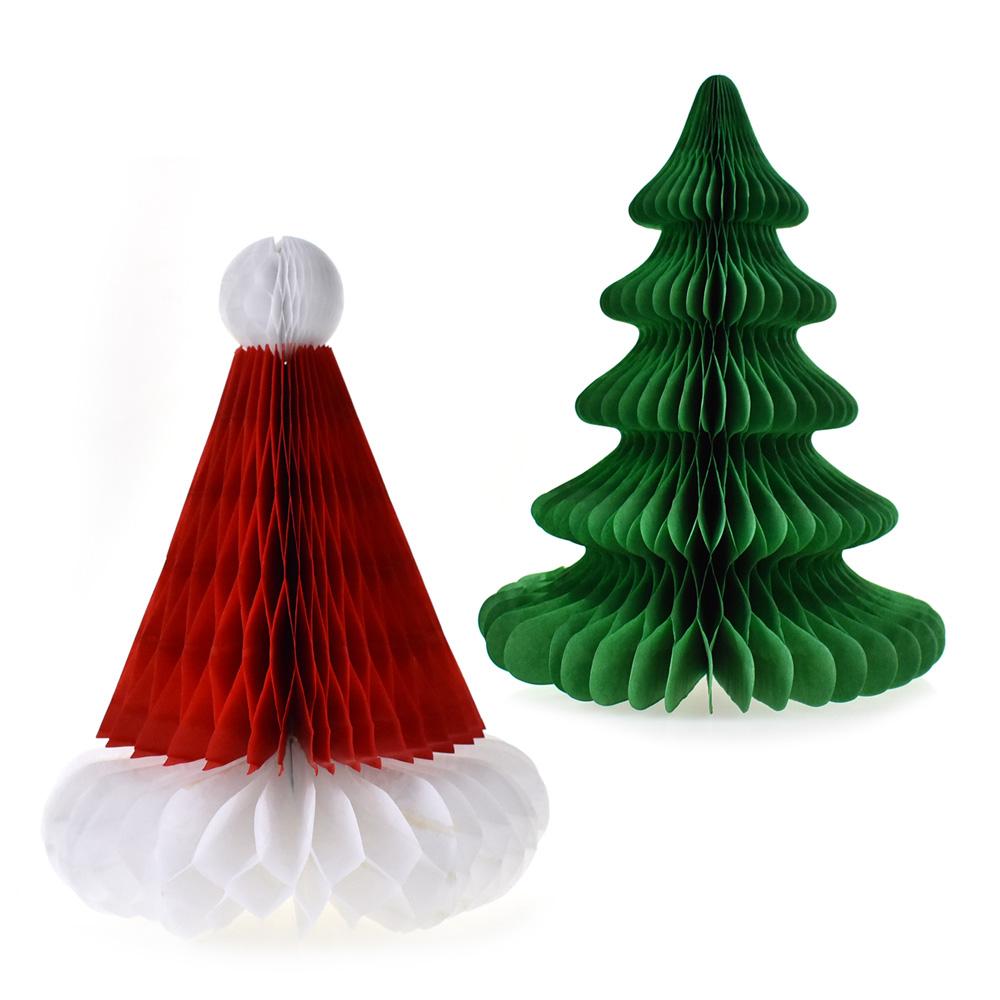 Santa Hat and Christmas Tree Honeycomb Table Decor, 9-1/2-Inch, 2-Piece