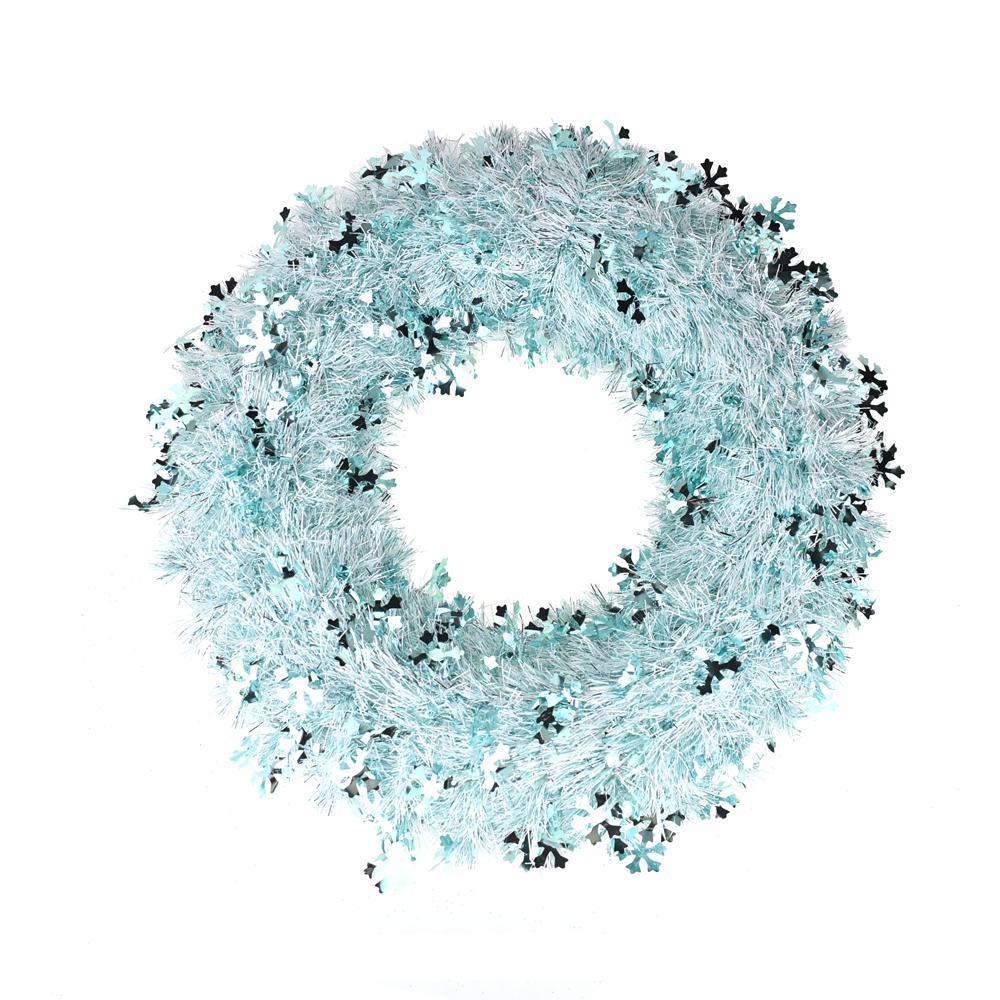 Metallic Tinsel Snowflake Wreath, Mint, 18-Inch