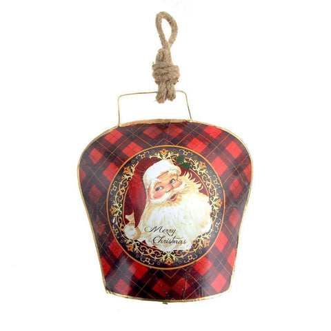 Hanging Tin Bell Merry Christmas Santa Christmas Ornament, Red, 7-1/2-Inch