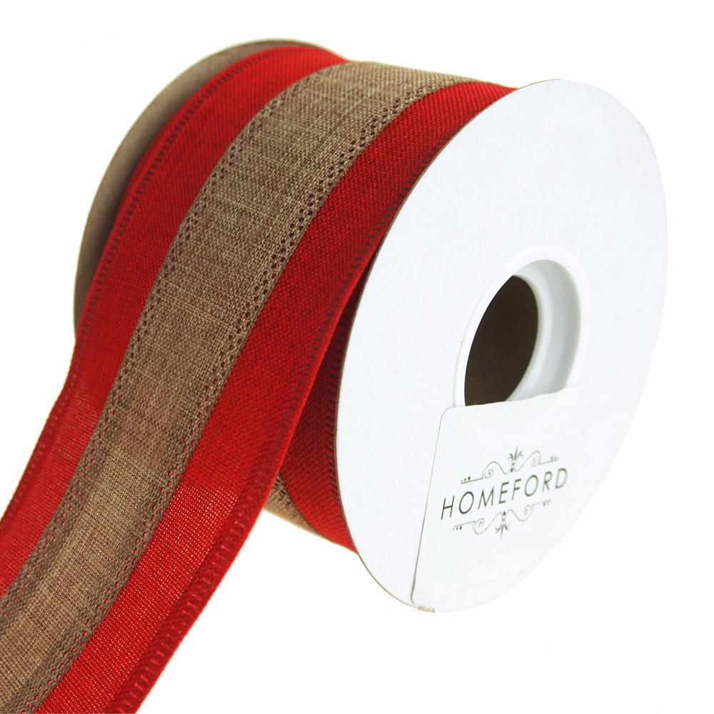 Natural Stripe Wired Faux Linen, Red, 2-1/2-Inch, 10 Yards