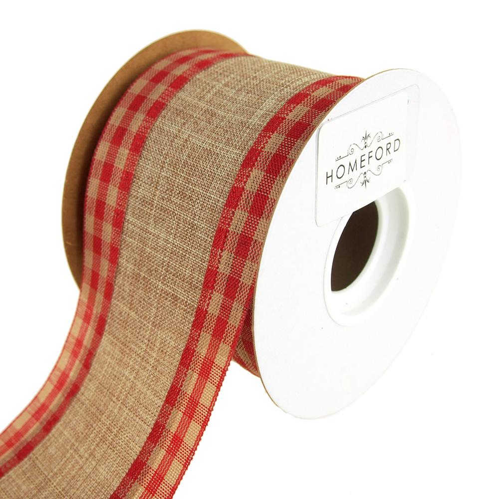 Gingham Edge Wired Faux Linen Ribbon, 2-1/2-Inch, 10 Yards