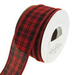 Checkered King Plaid Wired Holiday Ribbon, Red/Black, 10 Yards