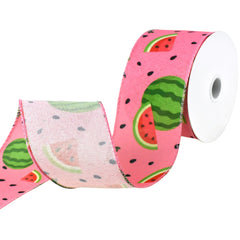 Watermelon and Seeds Faux Linen Wired Ribbon, 2-1/2-Inch, 10-Yard