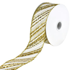 Glittered Diagonal Christmas Stripes Wired Ribbon, 10-yard