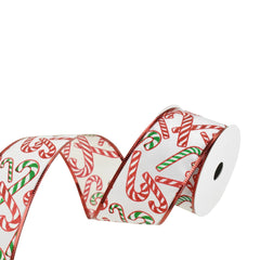 Christmas White Satin Red Trim Candy Cane Wired Ribbon, 2-1/2-Inch, 10-Yard - Red/Green
