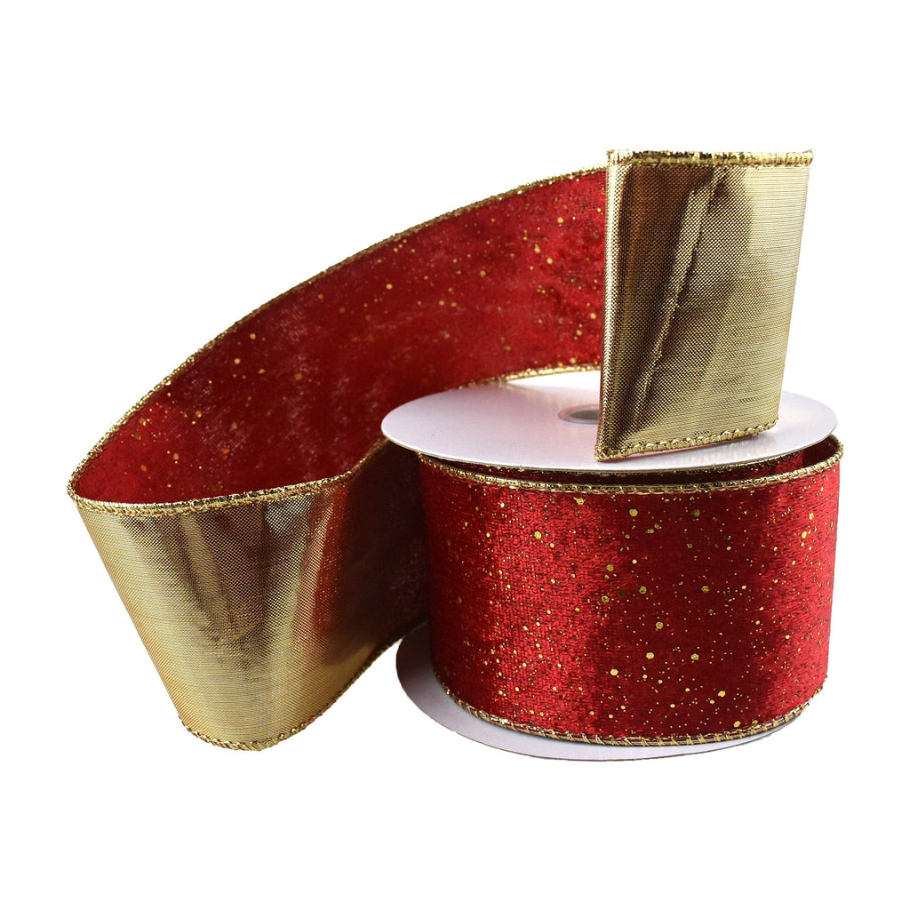 Glittered Lush Double-Sided Wired Ribbon, Red/Gold, 2-1/2-Inch, 10-Yard
