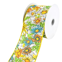 Lined Daisies Faux Linen Wired Ribbon, 2-1/2-Inch, 10-Yard