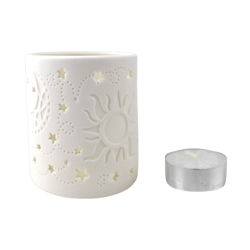 Sun and Moon Cylinder Tea Light Candle Holder, 2-3/4-Inch - White