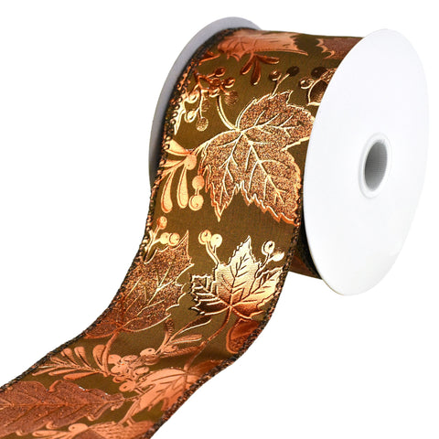 Embossed Metallic Autumn Leaves and Acorns Wired Ribbon, 2-1/2-inch, 10-yard