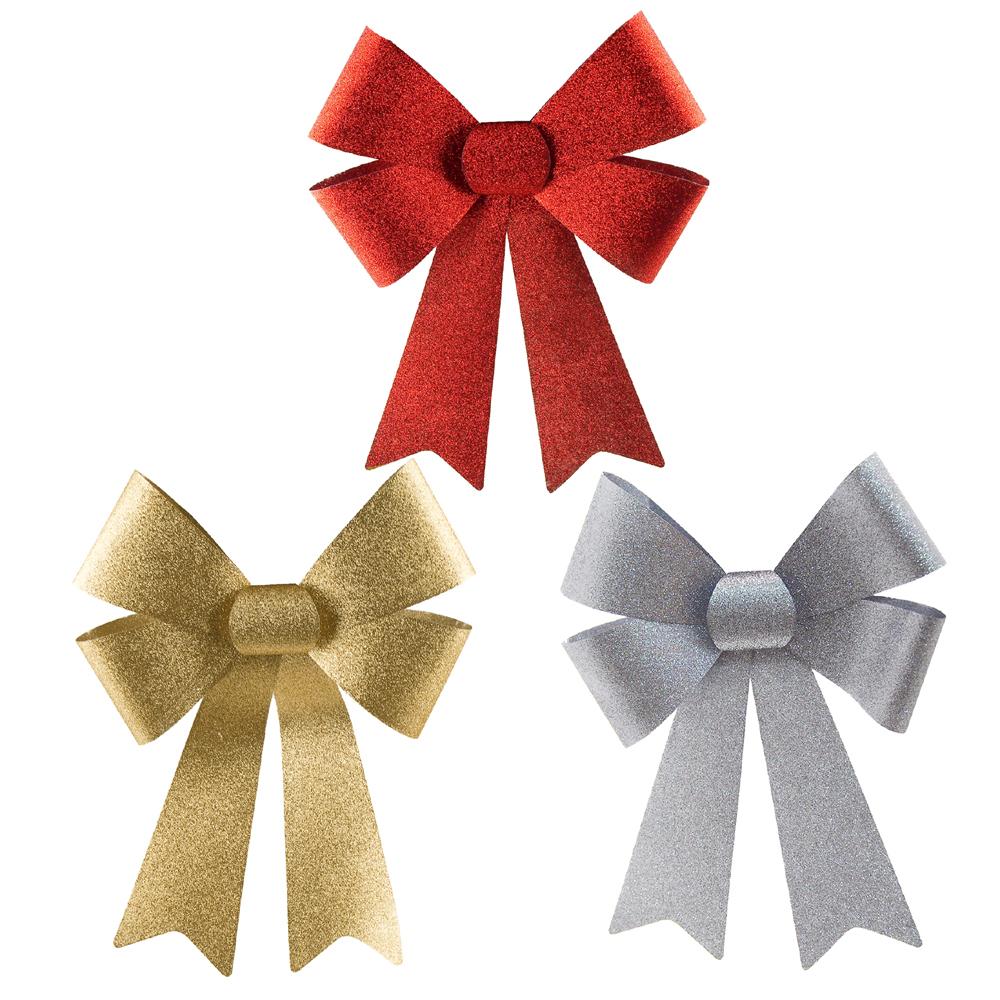 Plastic Christmas Bows with Glitters, Gold/Silver/Red, 14-Inch, 3-Piece
