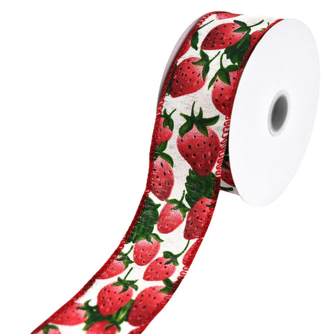 Fresh Spring Strawberries Faux Linen Wired Ribbon, 1-1/2-inch, 10-yard