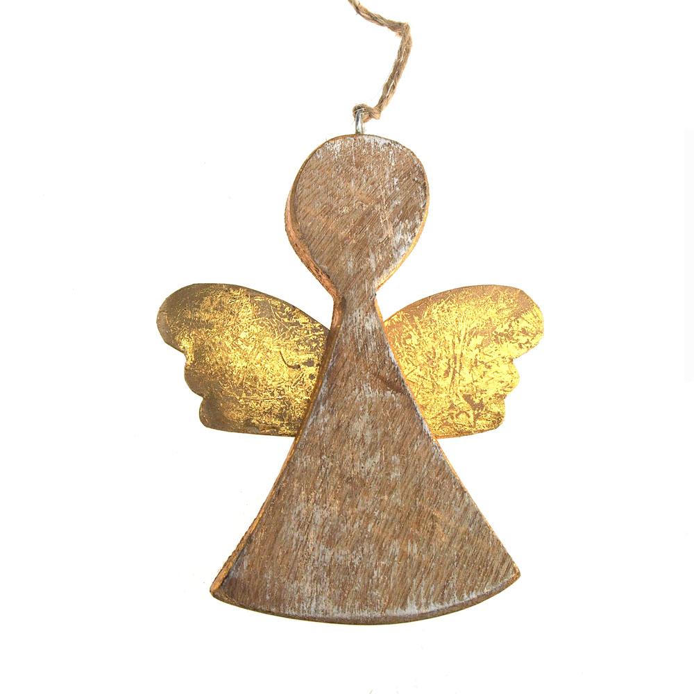Hanging Wooden Distressed Angel with Tin Wings Christmas Ornament, 5-1/4-inch