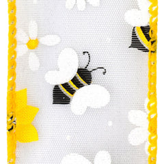 Bumblebees Daisies Sheer Organza Wired Ribbon, 1-1/2-inch, 10-yard