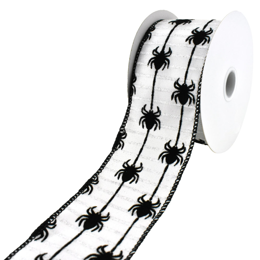 Crawling Flocked Spiders Wired Ribbon, 2-1/2-Inch, 10-Yard