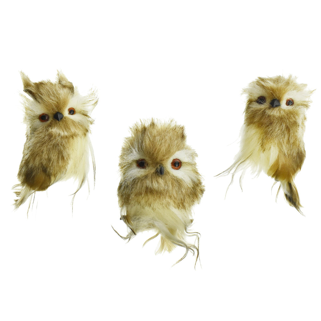 Fuzzy Owl Christmas Ornaments, 3-1/2-Inch, 3-Piece