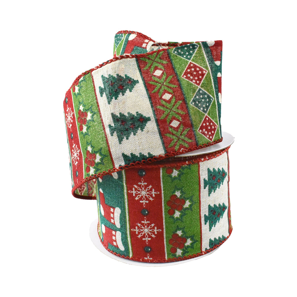 Retro Muted Christmas Stripes Wired Ribbon, 2-1/2-Inch, 10-Yard