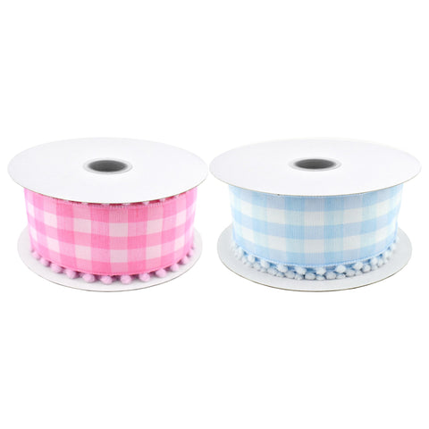 Checkered Plaid Pom Pom Edge Wired Ribbon, 1-1/2-inch, 10-yard