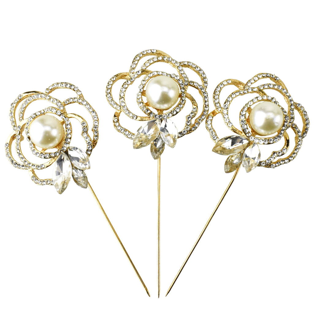 Rhinestone Pearl Rose Pins, 3-1/4-Inch, 3-Count - Gold