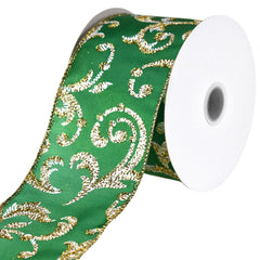 Christmas Scroll Filigree Glittered Satin Wired Ribbon, 2-1/2-inch, 10-yard