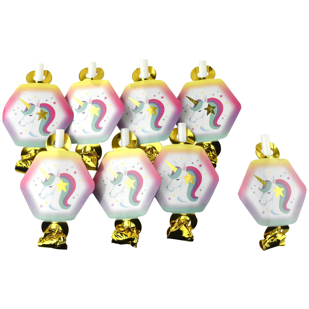 Rainbow Unicorn Hexagon Party Horns, 5-Inch, 8-Count